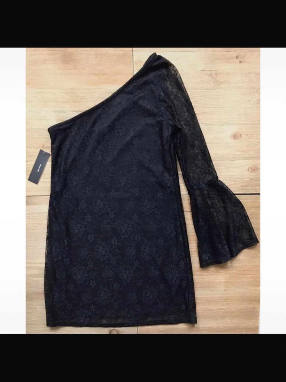 Lulus Black Floral Lace One Shoulder Bell Sleeve Mini Dress XS NWT